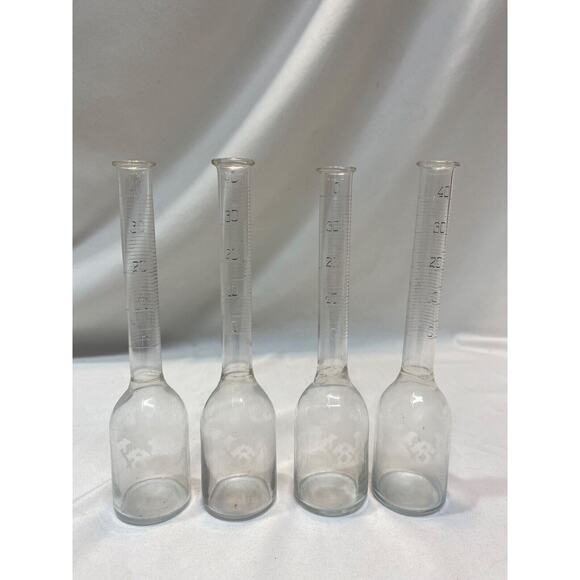 7 Antique Etched Clear Glass Cream Test Bottles of Volumetric Beakers - Picture 3 of 14